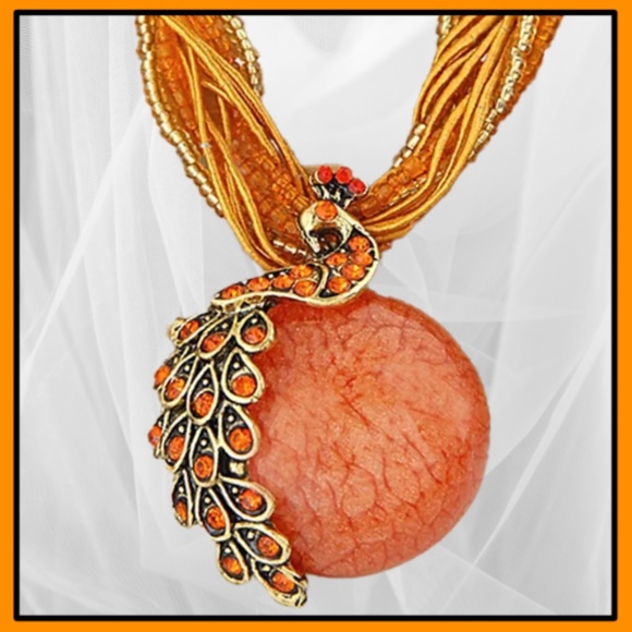 Fashion Jewelry Jewelry - Peacock Gemstone Orange 19" Necklace - Beaded Style Multi Corded Braided